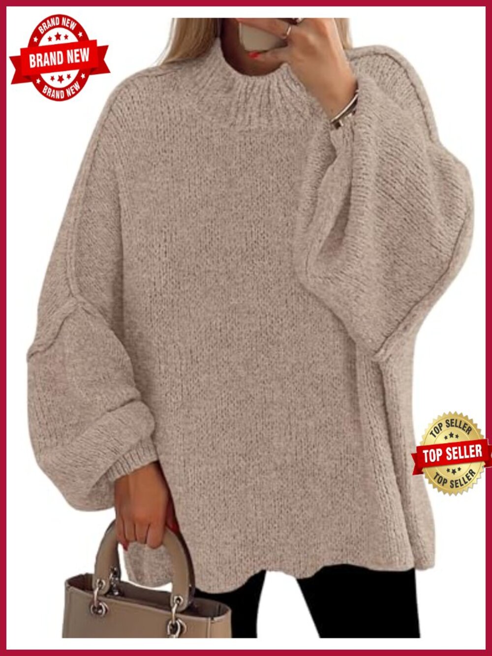 Oversized Chunky Knit Mock Neck Sweater Drop Shoulder Loose Fall Winter Tunic